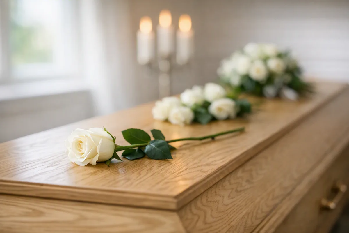 Eine einzelne weiße Rose auf dem Sargdeckel beim Abschied